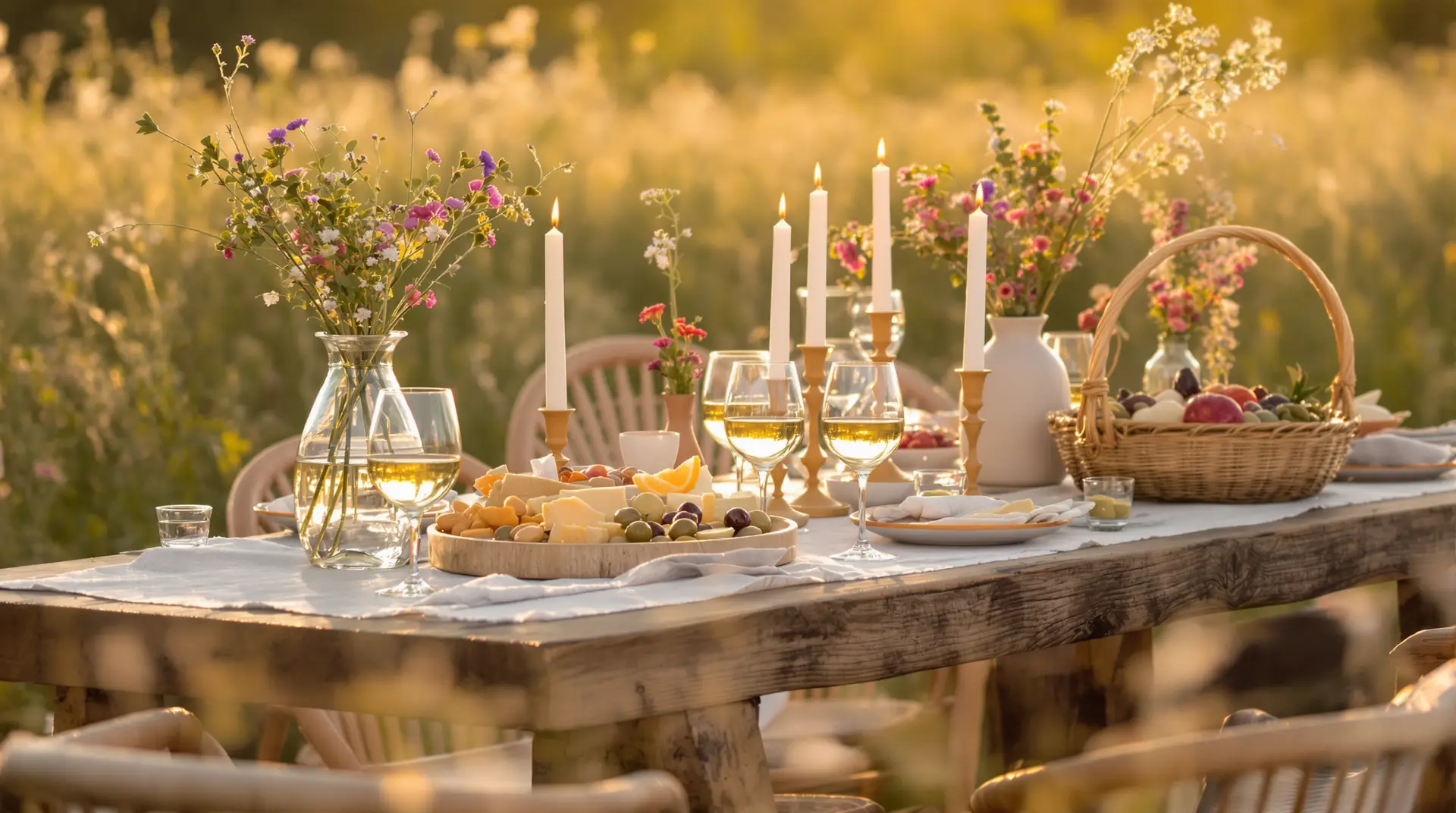 Table apéro champêtre en plein air décorée de fleurs sauvages